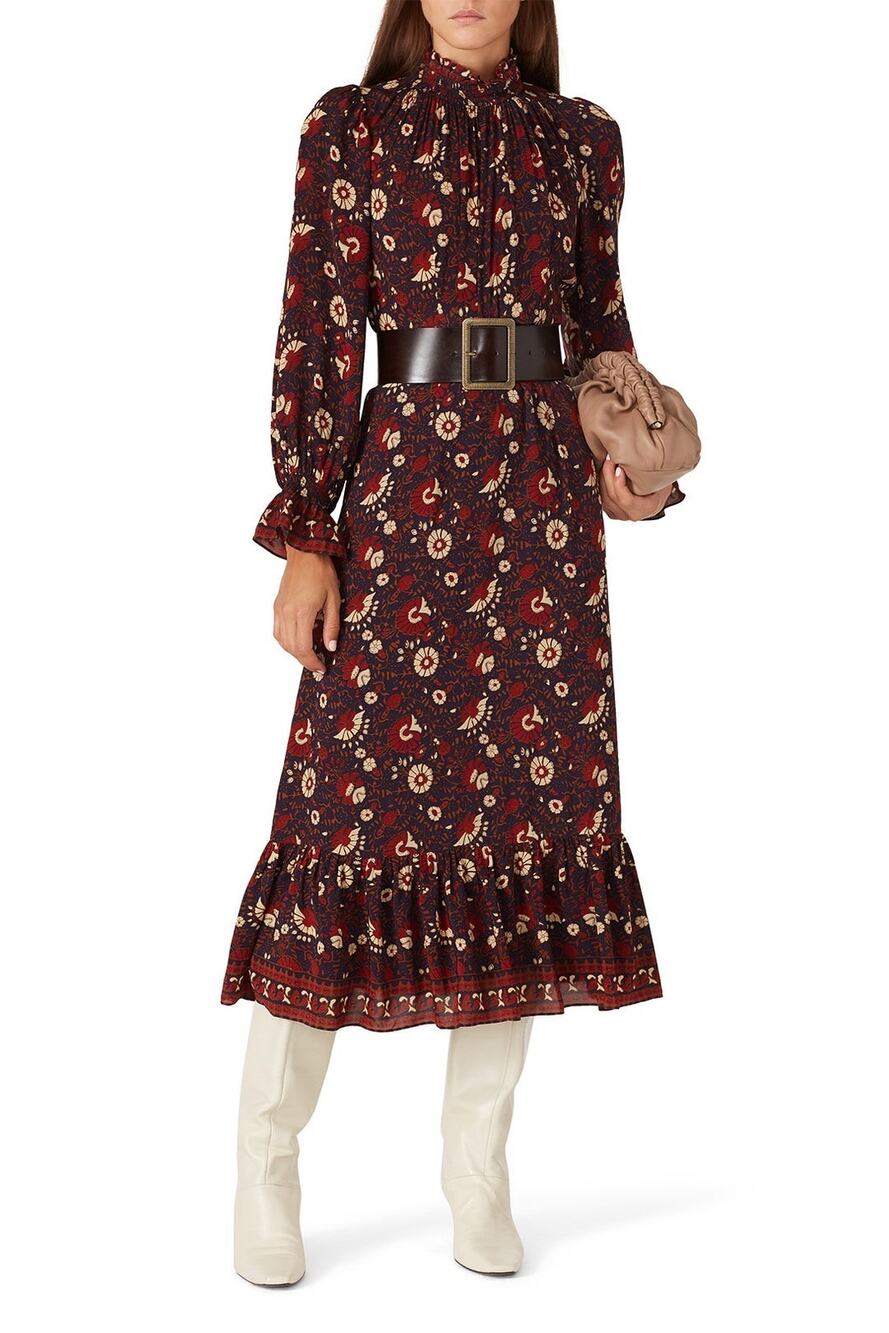 Sea New York Navy Red Floral Print Frankie Long Sleeve Mock Neck Midi Dress 8